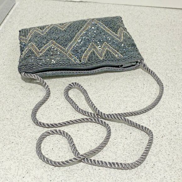 Vintage Beaded 1980's Evening Bag Retro Gray & Silver Shoulderbag Dressy Purse - Picture 5 of 8